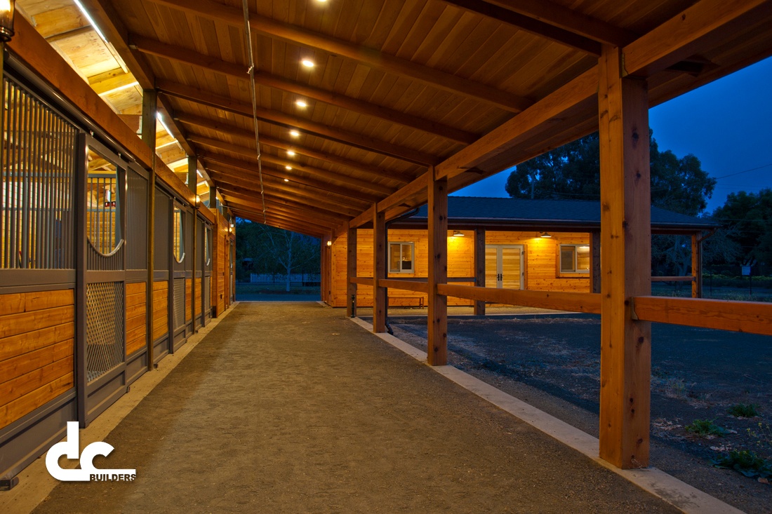 The custom design of this horse barn in San Martin, California was built by DC Builders.