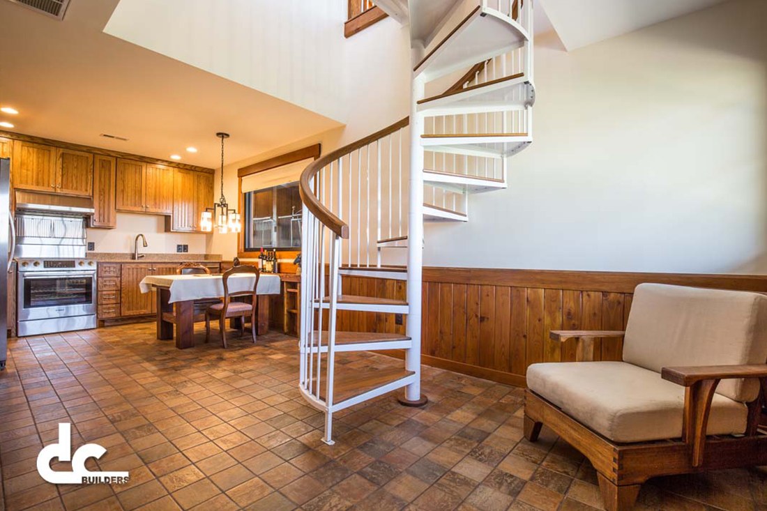 These custom stairs lead to living quarters in this Burlington, North Carolina barn home.