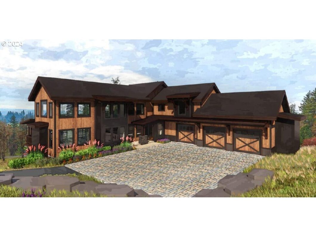 A rendering of a large, rustic-style home with a stone driveway and wooden exterior.